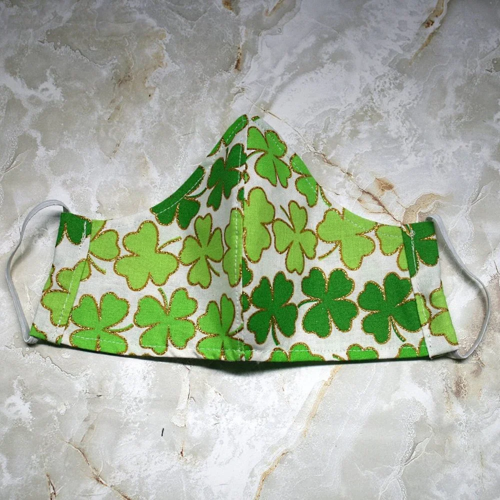 HAND CRAFTED Face Mask Green Shamrock Adult Cloth Fabric Print - Shield Style